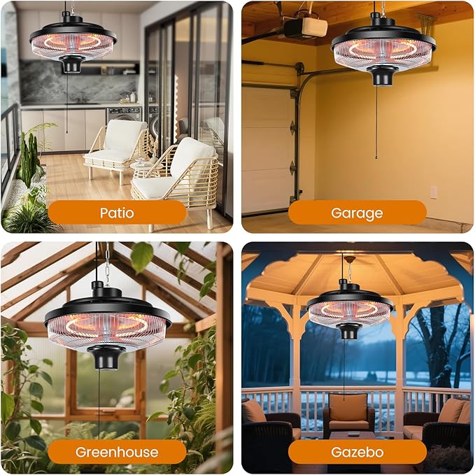 Hanging Patio Heater, 1500W Electric Infrared Heaters for Home, Gazebo, Garage, Greenhouse, Ceiling Mount with Overheat Protection, IPX4 Water Resistance, Adjustable Height (Silver)