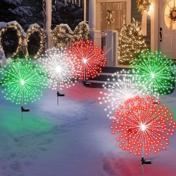 6 Pcs Christmas in July Solar Firework Stake Lights 180 LED 8 Modes Solar Waterproof LED Sparkler Lights Outdoor Decoration for Garden Patio Yard Pathway Walkway Lawn Xmas (Red Green White)