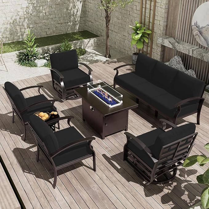 Patio Furniture Set 7-Piece Aluminum Armrest Sofa, Modern Outdoor Living Room Set with 55000 BTU Propane Aluminum Fireplace, Outdoor Rotary Joystick with Thick Cushion
