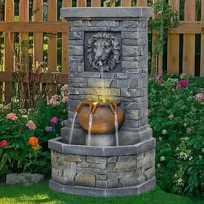 26'' Outdoor Garden Floor-Standing Water Fountain Lion Head Stone with Lights Outdoor Waterfall for Patio, Backyard, Deck, Porch and Home Art Decor