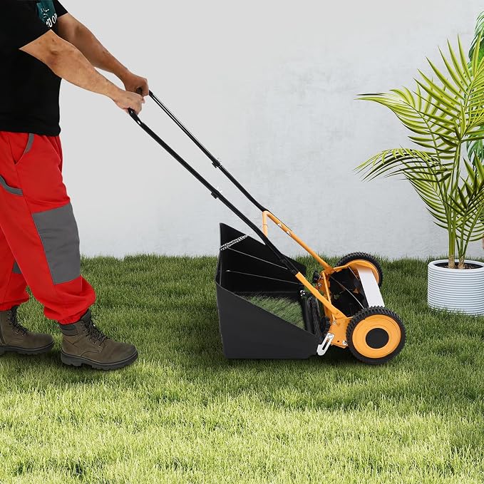 14 Inch Push Reel Lawn Mower Manual, 4-Blade Hand Push Cylinder Mower with Grass Catcher, 0.47-1.65 Inch 5-Height Adjustable, Eco-Friendly Push Mower for Small Yard Garden Villa, Orange - Image 9
