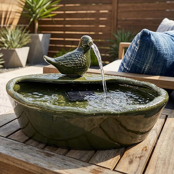 Sunnydaze Ceramic Solar-Powered Water Fountain - Green Glaze - Low-Voltage Submersible Pump with Filter - Dove