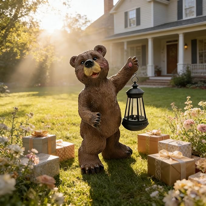 Solar Lantern Garden Statues Decor, 14" Large Outdoor Bear Figurine Lights for Yard Patio Decoration - Unique Christmas Housewarming Gift for Grandma Wowen Mom