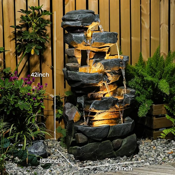 6-Tier Cascading Rock Water Fountain Outdoor Resin Stone Imitation Waterfall with LED Lights, Indoor/Outdoor Decor for Garden, Patio, Backyard, Porch and Home Art Decor