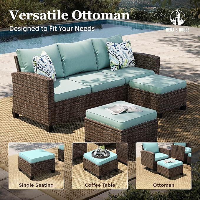 HERA'S HOUSE Swivel Glider Patio Furniture Set with Fire Pit Table, 6 Pieces Outdoor Seating Furniture Wicker Conversation Sets for Deck Backyard Lawn, Blue