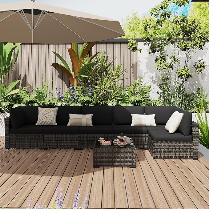KIGOTY Patio Furniture Set,7 Pieces Modular Outdoor Sectional Sofa, PE Rattan Patio Conversation Set, All Weather Wicker Patio Furniture with Cushions and Coffee Table(Beige Black/Black)