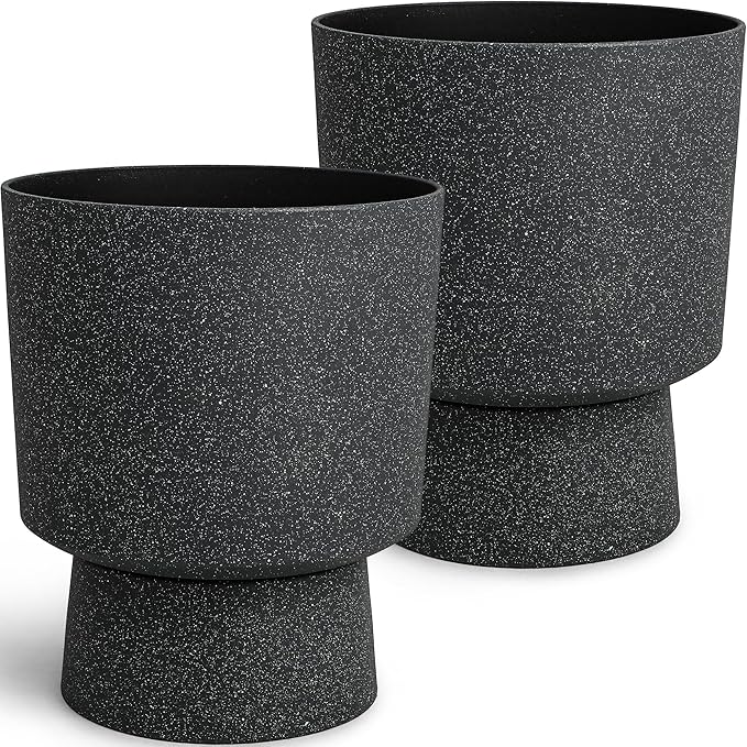 16.75"H Urn-Style Tall Planters, 2-Pack Modern Large Flower Pots for Outdoor Indoor, 2-in-1 Design Plant Containers for Garden Patio Yard Balcony Porch or Home Decor, White Terrazzo, UV-Protect