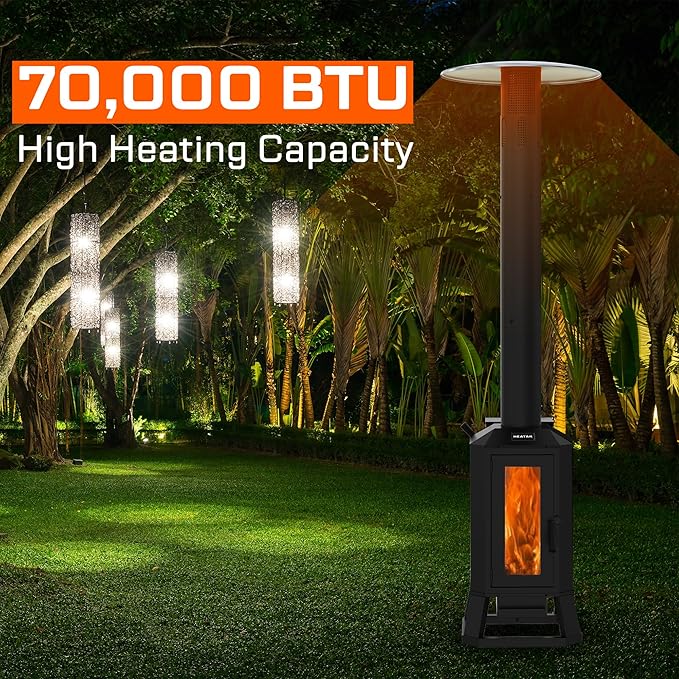70,000 BTU Wood Pellet Outdoor Patio Heater with Glass Viewing Window – Pellet Heaters for Outdoor Use, Home, Gardens & Commercial - Portable with Wheels – Black