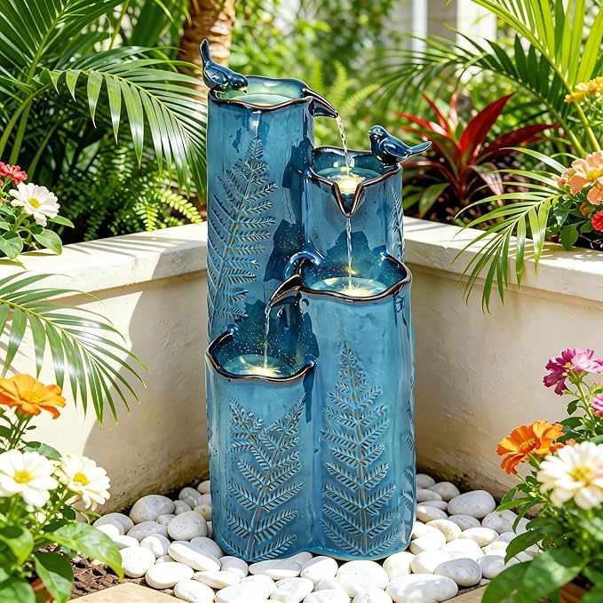 32" H Ceramic Outdoor Water Fountain, 4-Tier Tropical Cascading Waterfall with LED, Turquoise Glaze & Embossed Fern Pattern, Bird-Attracting Water Feature for Garden Patio Yard & Porch Decor