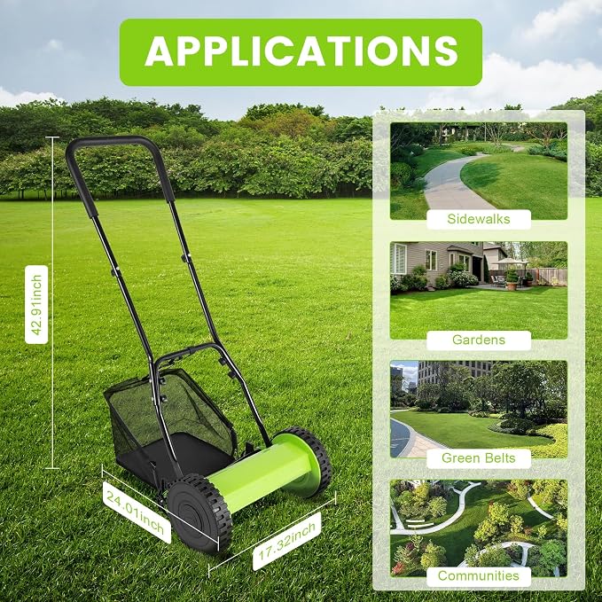 12 Inch Manual Push Reel Lawn Mower, Electric Lawn Mower Cordless Adjustable Height Push Lawn Sweeper with 6-Gallon Collecting Bag & 5 Blades for Picking Up Leaves, Grass On Lawns - Image 9