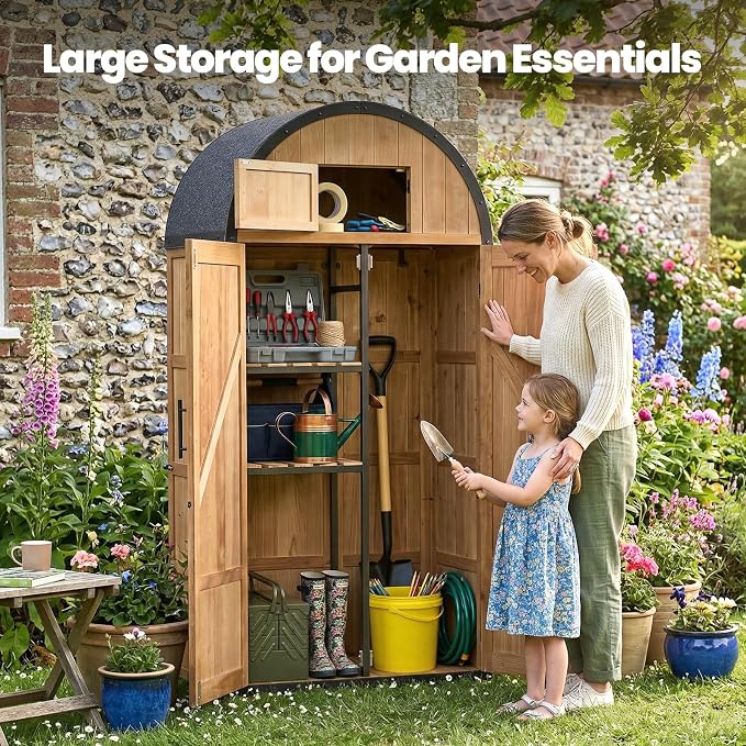NORTHSKY All-in-One Outdoor Storage Shed, Waterproof Tool Garden Cabinet w/Domed Roof, Lockable Multi-Functional Organizer for Patio Lawn Backyard, 5 Storage Spaces & Double Doors - Solid Wood - Image 7