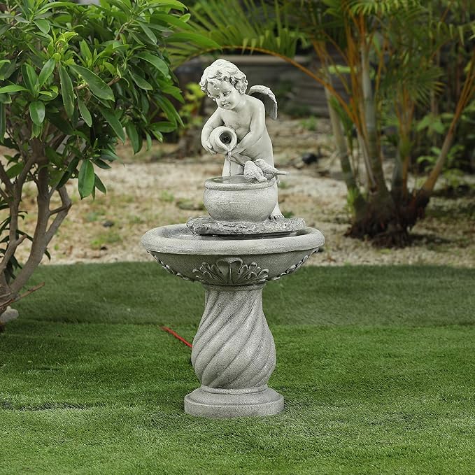 LuxenHome 34 Inch Outdoor Water Fountain, Resin Cherub Angel Water Fountains Indoor and Outdoor, Angels and Bird Garden Water Fountain, Decorative Waterfall for Backyard