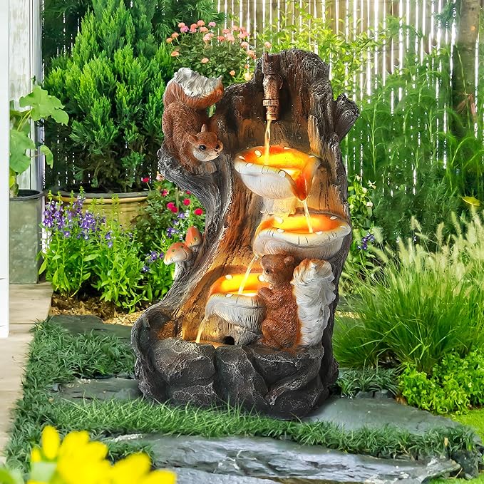Outdoor Garden Water Fountain with Cascading Rock, 4-Tiers Fountains and Waterfalls with LED Lights,Indoor/Outdoor Morden Floor Standing Water Feature w/2 Squirrel Decor for Patio, Backyard