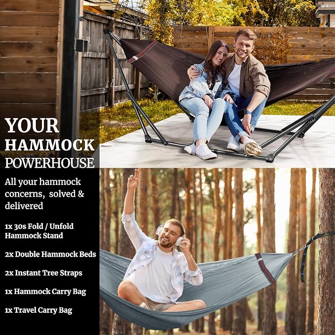 Tranquillo Combo x2 Hammocks with Stand for Outside & Tree Straps, Heavy Duty Hammock with Stand 600lbs for Indoor Outdoor Patio Backyard, x2 Hammocks for 2 Person (Combo - Brown, Medium) - Image 9