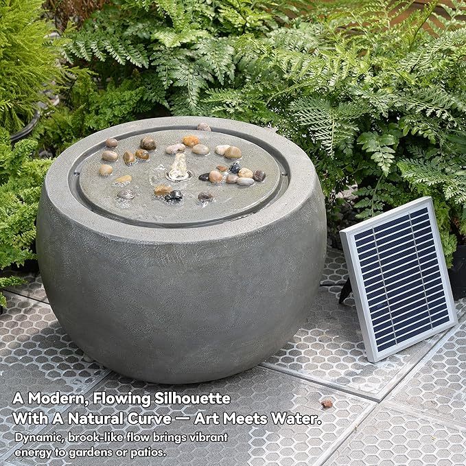 Solar Water Fountain Outdoor Garden Bubbler Water Feature Fountains Solar Powered with Pebbles for Patio Deck Yard Home Decor Gray, 18 "L x 18" W x 11.5" H