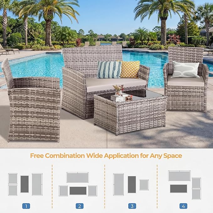 Patio Outdoor Furniture 4 Pieces Sectional Sofa Set Balcony Furniture Wicker Rattan Chairs with Table and Loveseat for Garden, Porch, Backyard, Gray Wicker/Gray Cushion