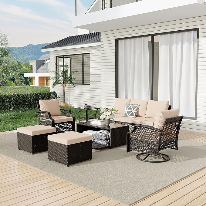 HOMREST 7 Piece Patio Furniture Set, Wicker Outdoor Conversation Set with Swivel Chairs, 2 Ottomans, Storage Coffee Table, Rattan Outdoor Sectional Sofa for Deck Backyard Porch ๏ผ7 Seats, Khaki