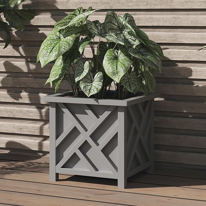 Lattice Design Outdoor Planter Box - 15.5” Square 16.5” Tall Gray Plant Pot - Decorative Plant Pots for Front Porch Decor - Flower Pots Outdoor Planters for Porch Patio or Garden Decor by Pure Garden