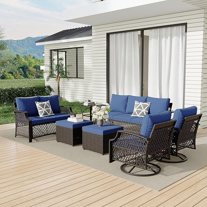 HOMREST 7 Piece Patio Furniture Set, Wicker Outdoor Conversation Sofa Set with Swivel Chairs, 2 Ottomans, Glass Side Table, Rattan Outdoor Sectional for Deck Backyard Porch ๏ผ9 Seats, Navy Blue