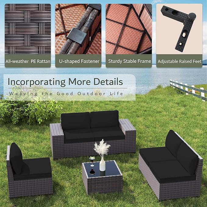7 PCS Outdoor Patio Furniture Set,Outdoor Sectional Furniture with 43" 55000 BTU Gas Propane Fire Pit Table,All Weather PE Rattan Wicker Patio Conversation Set,Black