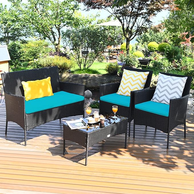 4 Pieces Patio Furniture Set, Outdoor Conversation Set with Ergonomic Curved Backrest, Patio Chair Set with Water-Resistant Cushion & Tempered Glass Table for Balcony,Porch (Turquoise)