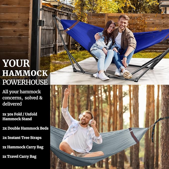 Tranquillo Combo x2 Hammocks with Stand for Outside & Tree Straps, Heavy Duty Hammock with Stand 600lbs for Indoor Outdoor Patio Backyard, x2 Hammocks for 2 Person (Combo - Blue, Medium) - Image 9