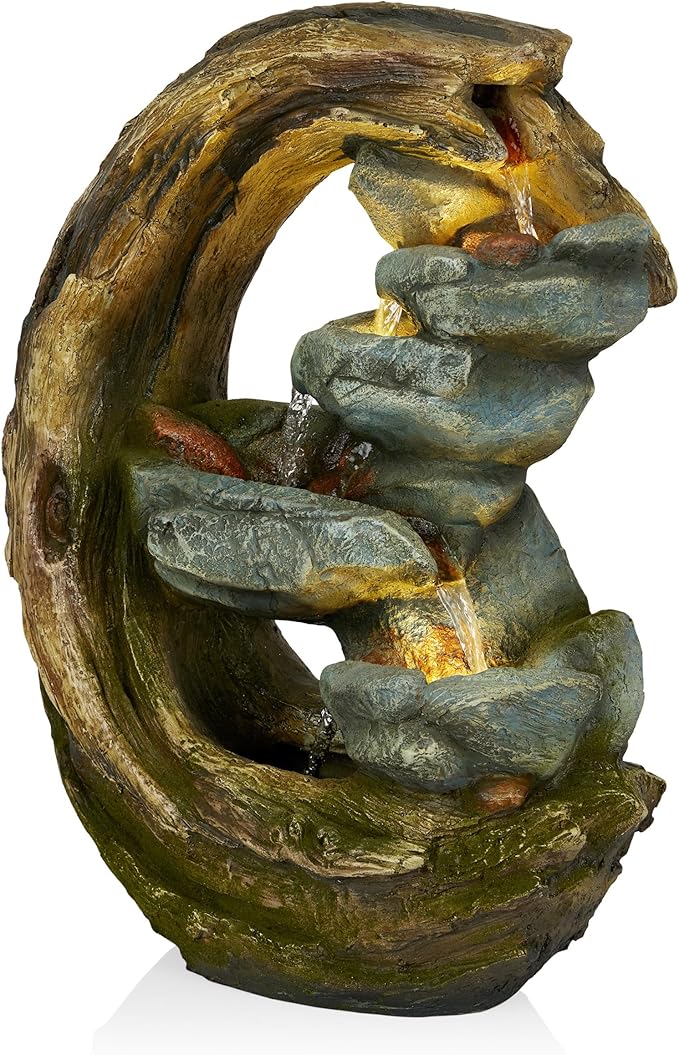 Alpine Corporation WIN1554S Outdoor Curved Trunk and Stone Floor Fountain with Warm White LED Lights, Tiered Garden Decor, 24" H, Brown