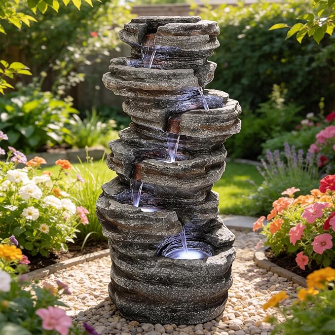 40"H Stacked Stone Water Fountain Outdoor with LED Lights, 6-Tier Extra-Lage Cascading Rock Waterfall for Outdoor Patio Garden Backyard, Weather-Resistant Resin Water Feature for Serene Oasis