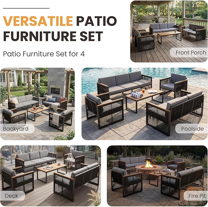 5 Piece Patio Conversation Set for 7, Modular Patio Sofa Couch with Cushions, Rattan Outdoor Patio Furniture Set with Loveseat/Coffee Table, Outdoor Sectional Furniture for Deck/Porch, Grey