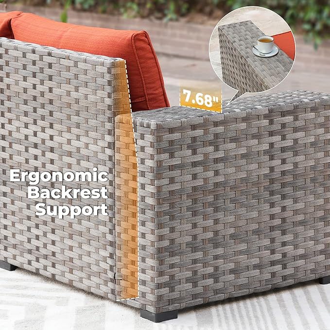 ovios 10 Pieces Patio Furniture Set, Outdoor Wicker Sectional Sofa with 42" Fire Pit Table Swivel Chairs, Modern Modular Deep Seat Rattan Couch Conversation Sets, Orange Red