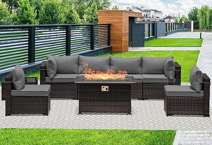 8 Pieces Outdoor Patio Furniture Set,Outdoor Sectional Furniture with 43" 55000 BTU Gas Propane Fire Pit Table,All Weather PE Rattan Wicker Patio Conversation Set,Grey