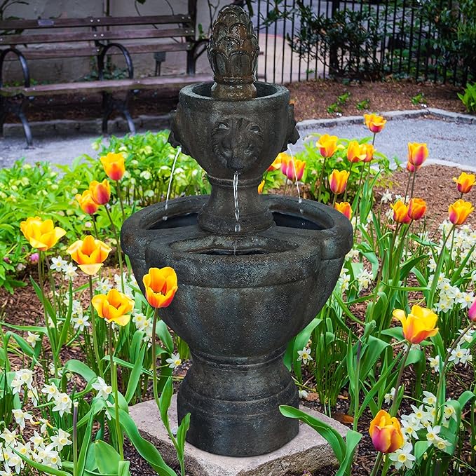 Outdoor Fountain – Polyresin 2-Tier Water Feature with Lion Head Details and Realistic Stone Appearance – Yard Art with Soothing Sound by Pure Garden