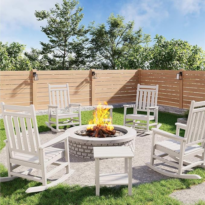 Garvee HDPE Rocking Chair Outdoor Set of 2 with Side Table - Poly High Back Porch Rocker Chairs for Adults - All Weather Resistant Furniture for Patio Front Porch - White - Image 9