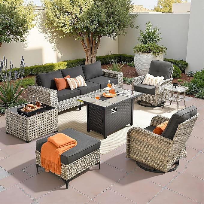 Patio Furniture Set,9 Pieces Outdoor Wicker Conversation Sets with 42 in Fire Pit Table,2 Wicker Rocking Chair & Coffee Table,Outdoor Sectional Sofa for Balcony Backyard Poolside Garden Lawn(Black)