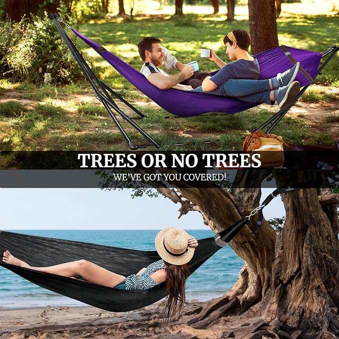 Tranquillo Combo x2 Hammocks with Stand for Outside & Tree Straps, Heavy Duty Hammock with Stand 600lbs for Indoor Outdoor Patio Backyard, x2 Hammocks for 2 Person (Combo - Purple, Medium) - Image 9