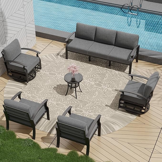 Patio Furniture Set 6-Piece Aluminum Armrest Sofa, All-Weather Patio Conversation Set with Tempered Glass Top Table & Removable Sponge Cushions for Backyard Poolside