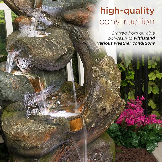 Alpine Corporation WIN1546 Outdoor Floor Rock/Tree Trunk Fountain w/LED Lights, Cascading Garden Water Fountain, 39" H, Gray