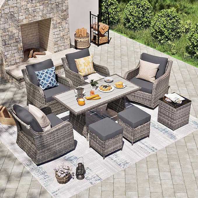 MEISSALIVVE Outdoor Patio Furniture Set with Swivel Chairs, 8 Pieces Wicker Patio Conversation Set, Outdoor Patio Set with 2 Swivel Rocking Chair & 2 Single Chair, 2 Ottomans and Dining Table (Grey)