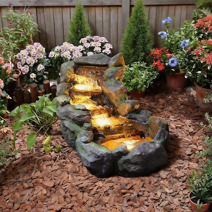 42" L Outdoor Water Fountain with 3 Tiers Cascading Realistic Tree Trunk Waterfall Fountains with LED Lights Outdoor Water Fountain for Garden Patio Backyard Porch Home Decor