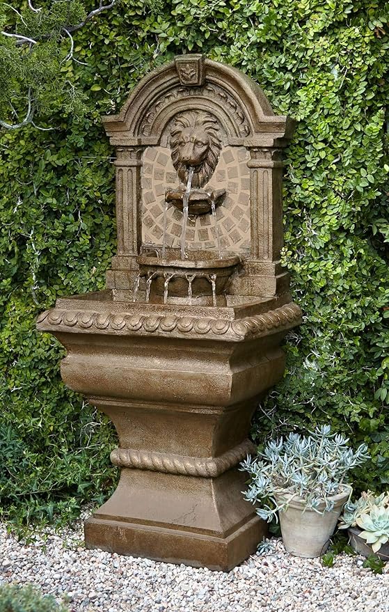 Royal Lions Head 51" High Large Italian Outdoor Decor Faux Stone Floor Fountain with Light Statue Waterfall Standing Tiered Water Feature for Outside Garden Patio Yard Backyard Porch - John Timberland