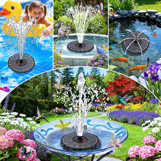 SZMP Solar Fountain, Works in Cloudy with 2000mAh Battery Backup, Glass Solar Powered Bird Bath Fountain with Smart Status Indicators, 3.5W, 8 Nozzles, for Garden, Outdoor (Black)