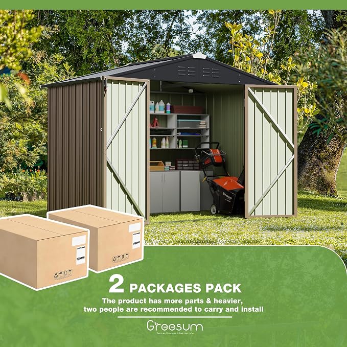 Greesum 8x6FT Outdoor Storage Shed, Utility Tool Shed with Sloping Roof, Metal Storaged Garden Shed with Door & Lock for Patio Storage, Brown - Image 9