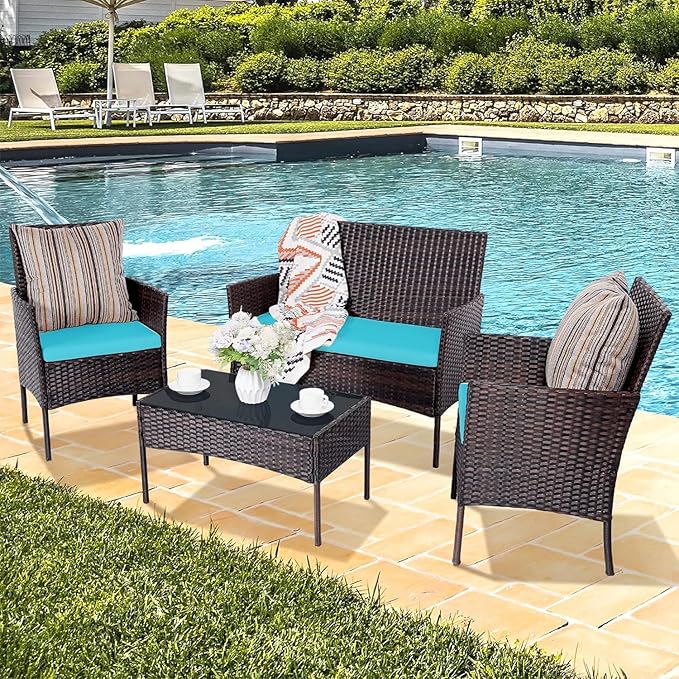 Patio Furniture Set 4 Pieces, Outdoor Rattan Furniture with Tempered Glass Coffee Table, Modern Rattan Patio Chairs Conversation Sets with Sofa for Garden, Terrace, Porch, Lawns Brown/Blue