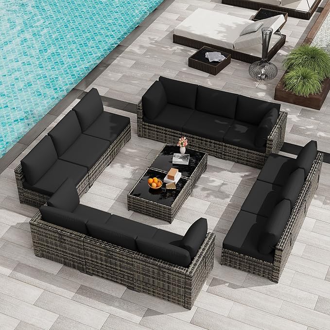 KIGOTY Patio Furniture Set,14 Pieces Modular Outdoor Sectional Sofa, PE Rattan Patio Conversation Set, All Weather Wicker Patio Furniture with Cushions and Coffee Table(Beige Black/Black)