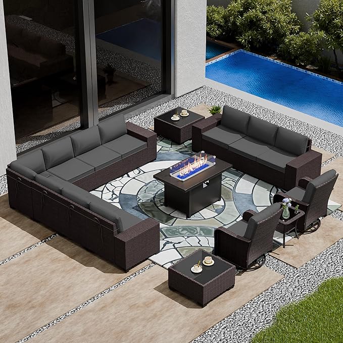 16 PCS Outdoor Patio Furniture Set,Outdoor Sectional Furniture with 45" 55000 BTU Gas Propane Fire Pit Table,All Weather PE Rattan Wicker Patio Conversation Set,Swivel Rocking Chairs Set,Grey