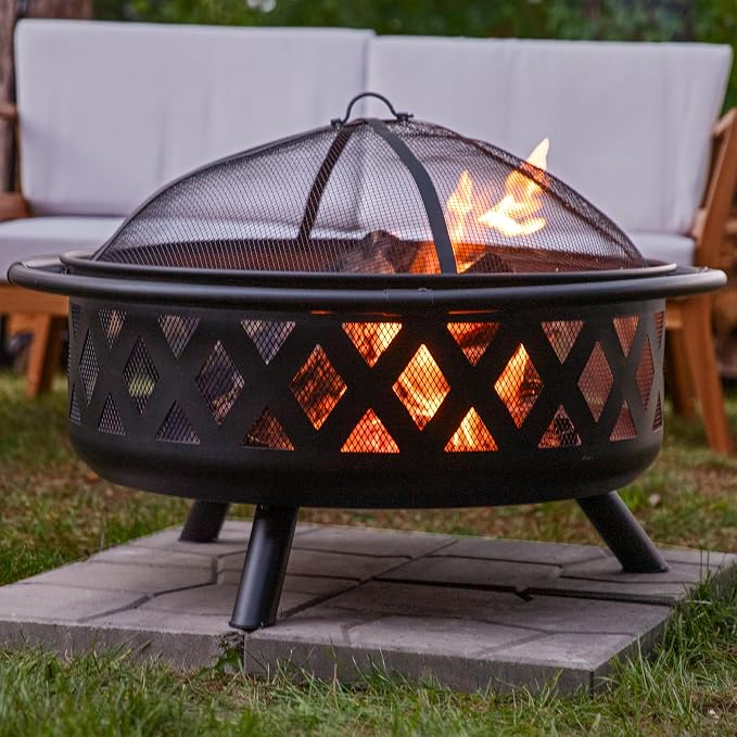 Sunnydaze Crossweave Outdoor Fire Pit - Wood-Burning Fire Pit for Outside with Spark Screen, Poker and Round Cover - 36-Inch - Black - Image 9