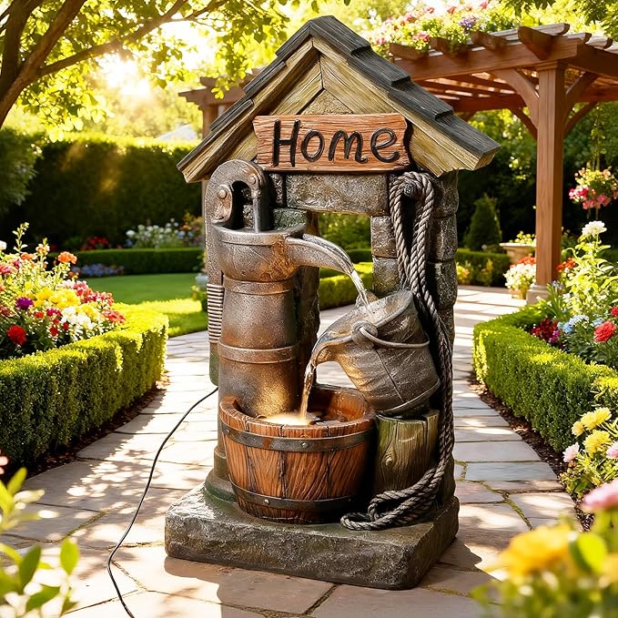 Vintage Country Style Wall-Mounted and Freestanding Outdoor Fountain, 28.7 H Resin Garden Water Feature with Water Well and Wine Barrel for Gardens, Landscaping, Patios, Balconies, Lawns