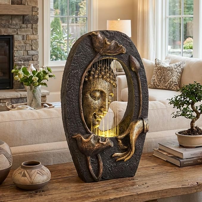 TERESA'S COLLECTIONS Water Fountain Outdoor with LED Light and Pump for Garden Decor,Floor Buddha Statue Resin with Waterfalls,Tall Zen Garden Statues for Yard Decor Housewarming Gifts for Mom 19.3"