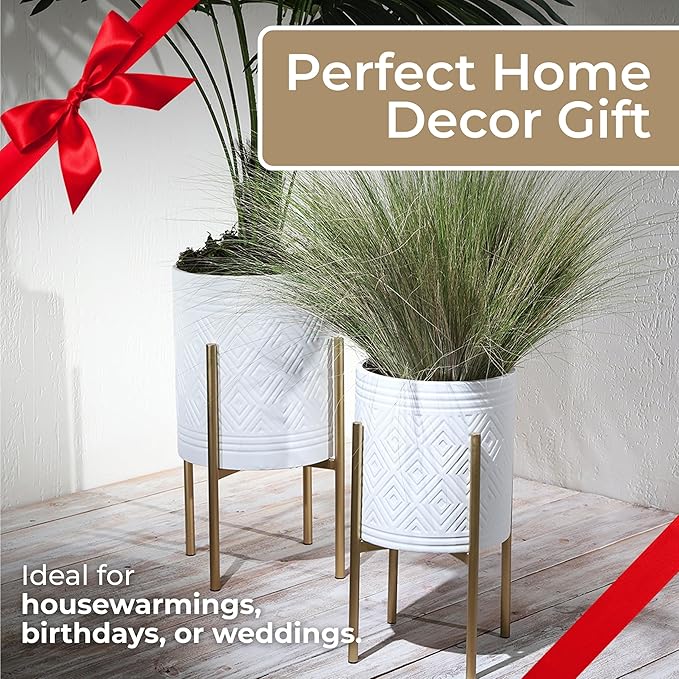 Decorative Flower Pots with Metal Stand for Home Decor - Modern Planters for Hallway, Entryway, and Living Room Decor - Indoor and Outdoor Pots for Plants - Set of 2, 23", 19", White & Gold