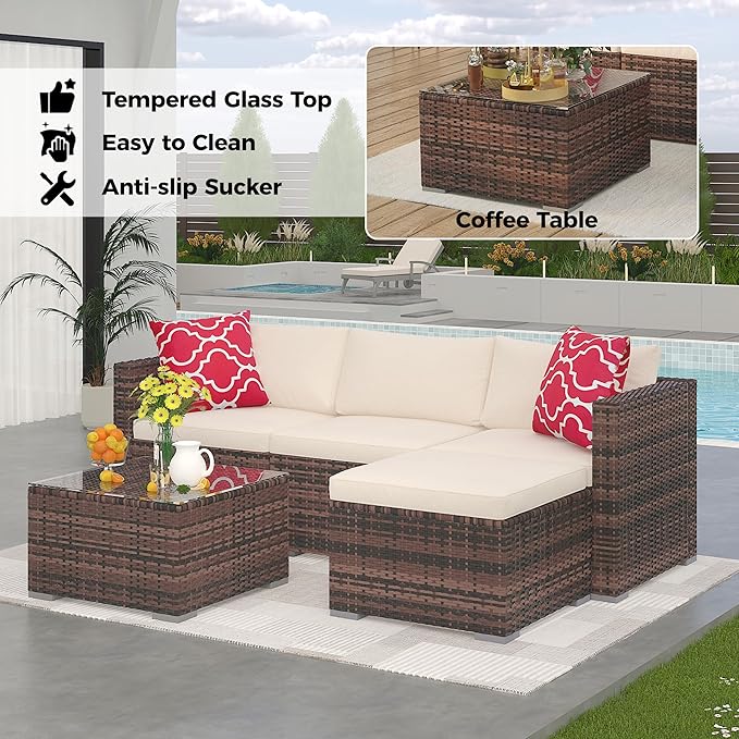 Garvee 5 Pieces Patio Furniture Set, Outdoor Glass Table and Cushions with Rattan Wicker Chairs, Patio Furniture Set for Porch, Balcony, Backyard, Garden, Brown & Beige